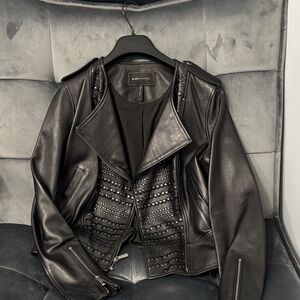 BCBG MAXAZRIA Black Leather Jacket with Stud Accents